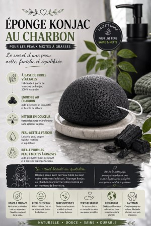 Éponge konjac au charbon pour les peaux mixtes à grasses