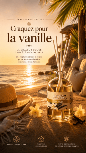 Diffuseur de parfum d'intérieur ADYA Vanille dans une ambiance ensoleillée.