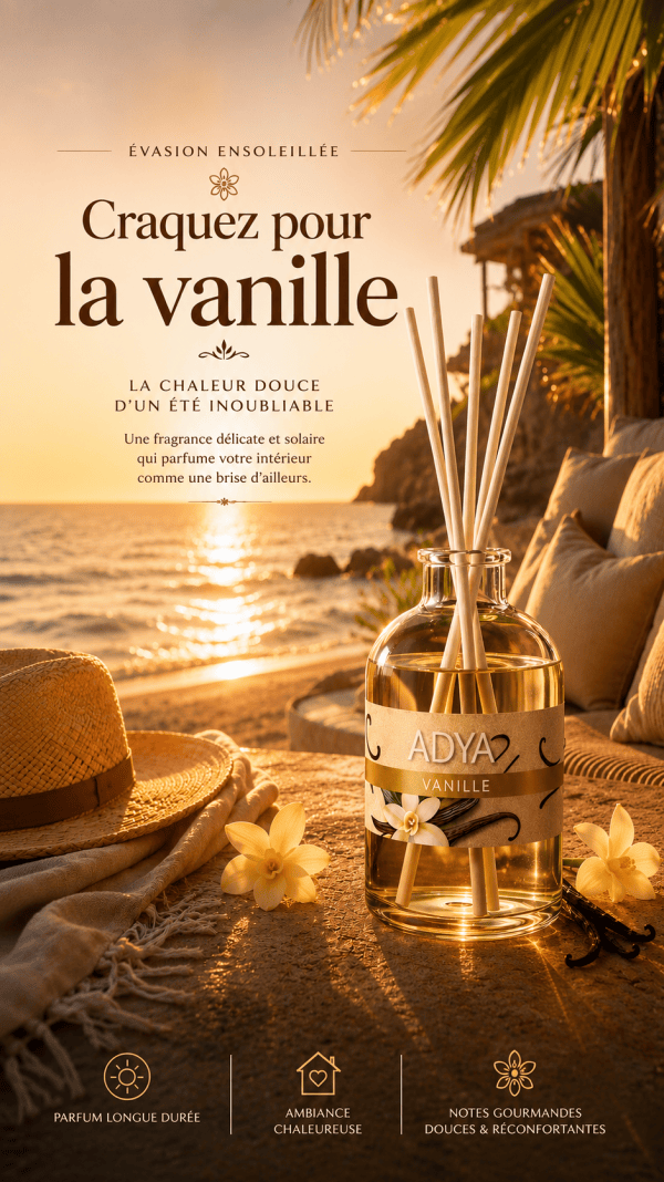 Diffuseur de parfum d'intérieur ADYA Vanille dans une ambiance ensoleillée.