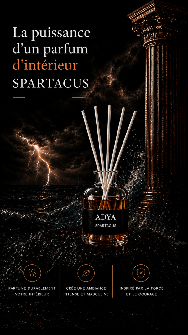 Diffuseur de parfum d'intérieur ADYA Spartacus dans une ambiance intense, puissante et masculine.