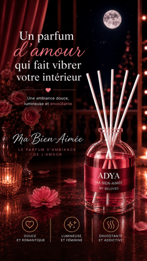 Diffuseur de parfum d'intérieur ADYA Ma Bien-Aimée dans une ambiance romantique et envoûtante.